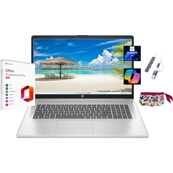 HP 2025 17.3" HD+ Laptop, with Free Lifetime Microsoft Office 2024, Intel Core i3-N305, 8GB RAM, 1TB SSD, Intel UHD Graphics, Windows 11 Pro, Natural Silver, Wi-Fi 6, Copilot, with USB Hub & Pouch