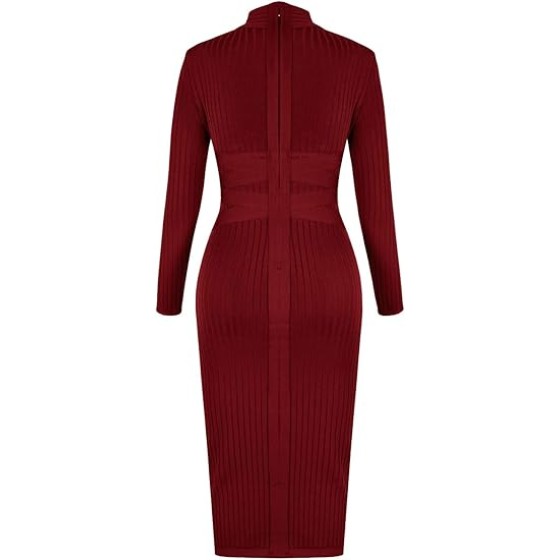 whoinshop Women's Cross Strap Ribbed Bandage Long Sleeve Midi Fall Winter Bodycon Party Dress