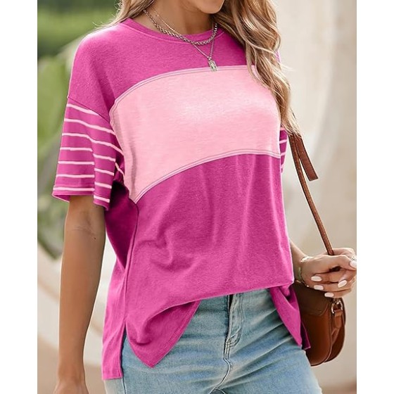 Summer T Shirts for Women Striped Oversized Tops 2025 Short Sleeve Trendy Color Block Crewneck Casual Shirts Blouse