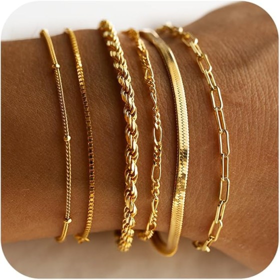 DEARMAY Gold Bracelets for Women Waterproof, 14K Real Gold Jewelry Sets Trendy Thin Dainty Stackable Cuban Link Paperclip Chain Bracelet Pack Fashion Accessories Gifts for Womens