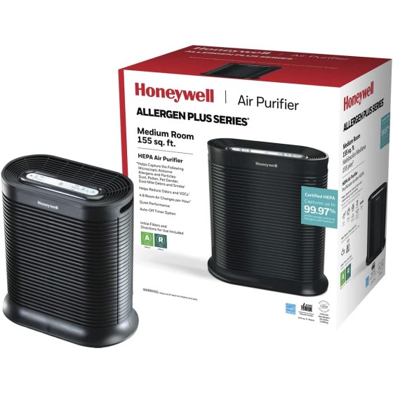 Honeywell HPA100 HEPA Air Purifier for Medium Rooms - Microscopic Airborne Allergen+ Reducer, Cleans Up To 750 Sq Ft in 1 Hour - Wildfire/Smoke, Pollen, Pet Dander, and Dust Air Purifier – Black