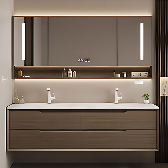 Modern Bathroom Vanity - Double Sink With Sintered Stone Countertop, LED Anti-Fog Mirror Cabinet, Wall-Mounted Floating