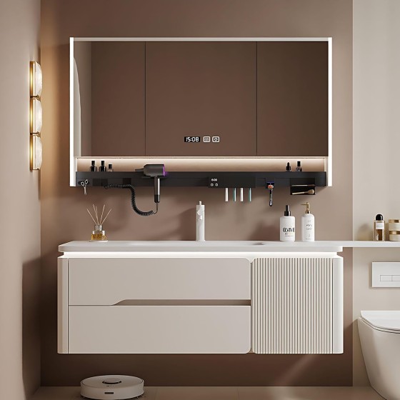 Bathroom Vanity with Sink Set - Includes LED Smart Defogging Mirror Cabinet, Stylish Floating Vanity - Bathroom Sink Cabinet with Drawers & Multifunctional Shelves