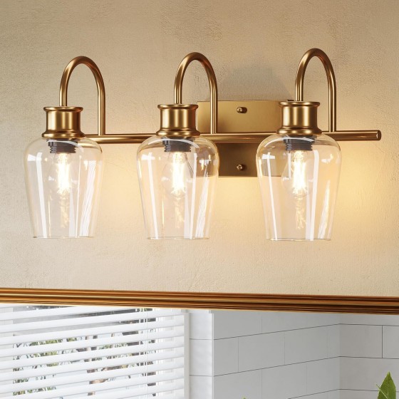 Tribesigns Gold Vanity Light, 3-Light Bathroom Light Fixtures, Modern Bathroom Vanity Sconce Lamp for Mirror with Clear Glass Shade, Wall Sconces for Mirror Hallway Living Room Bedroom (E26 Base)